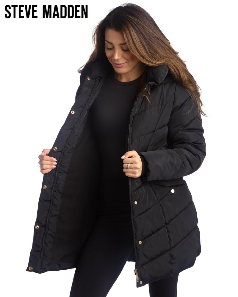 Steve Madden Women's Long Heavy Weight Puffer Jacket, Black, S - Image 5